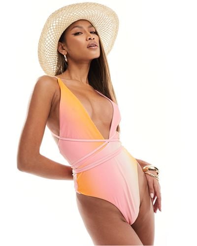 SIMMI Simmi Plunge Cross Back Strappy Tie Waist Swimsuit - Pink