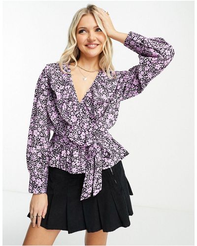 New Look Blouse Met Lange Mouwen En Overslag - Zwart