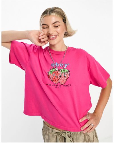 Obey Cropped T-shirt Met 'mighty Sweet'-print - Roze