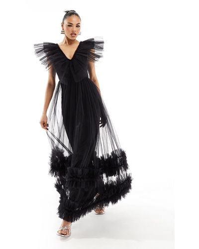 LACE & BEADS Tiered Ruffle Tulle Maxi Dress - Black