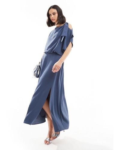 ASOS Tie Shoulder Blouson Midi Dress - Blue