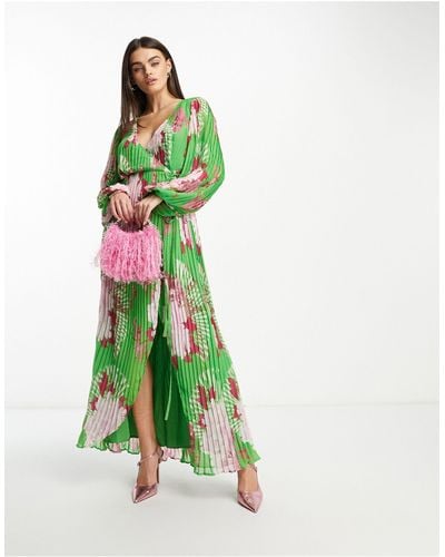ASOS Wrap Maxi Dress With Balloon Sleeve With Large Floral Print - Green