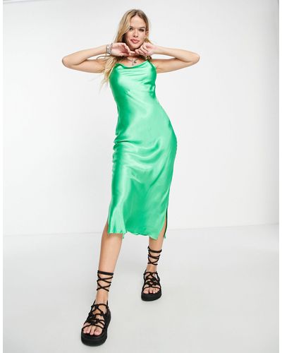 Bershka Cowl Neck Satin Midi Dress - Green