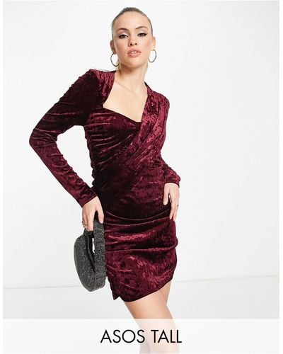 ASOS Asos Design Tall Velvet Cowl Neck Ruched Mini Dress - Red