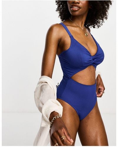 Ivory Rose Fuller Bust Rib Cut Out Knot Swimsuit - Blue