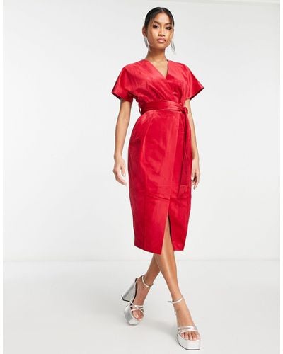 Closet Kimono Sleeve Velvet Midi Dress With Wrap Tie - Red