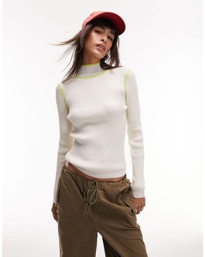 TOPSHOP Knitted Fine Gauge Contrast Trim Long Sleeve Top - Natural