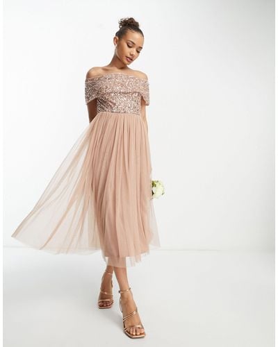 Beauut Bridesmaid Bardot Embellished Midi Dress - Natural