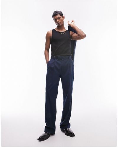 TOPMAN Straight High Waisted Trousers - Blue
