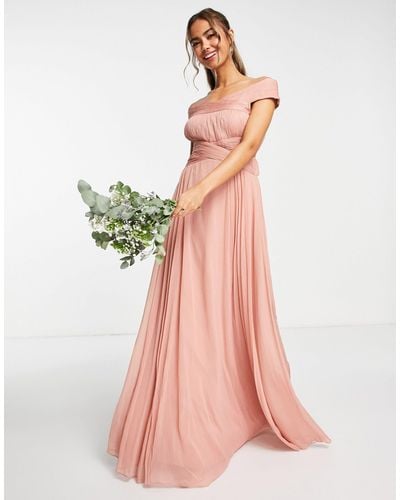 ASOS Bridesmaid Off Shoulder Ruched Bodice Maxi Dress With Skirt Pleat Detail - Pink