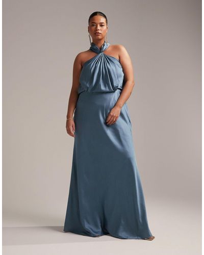 ASOS Asos Design Bridesmaid Curve Satin Ruched Halter Neck Maxi Dress - Blue