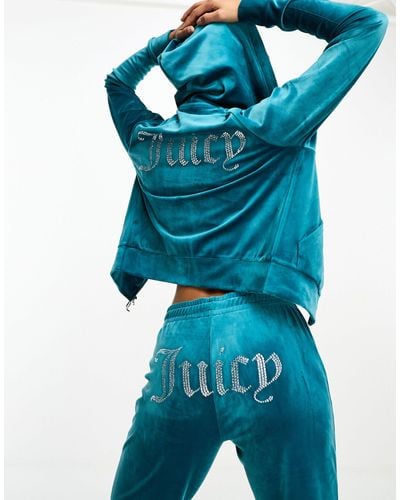 Juicy Couture Hoodie Met Velours Met Rits En Logo Met Siersteentjes - Blauw