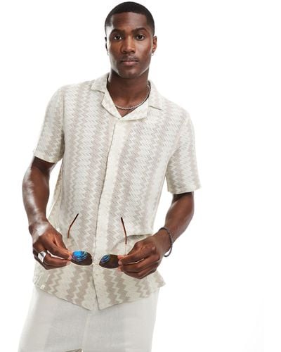 Hollister Short Sleeve Revere Collar Stripe Crochet Shirt - White