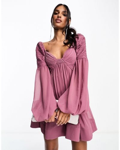 ASOS Ruched Long Sleeve Mini Babydoll Dress - Pink