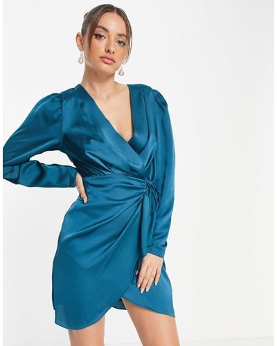 Trendyol Wrap Front Mini Satin Shirt Dress - Blue