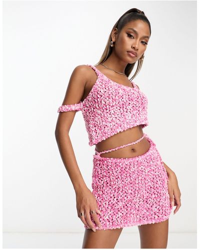 AsYou Knitted Textured Popcorn Strappy Top Co-ord - Pink