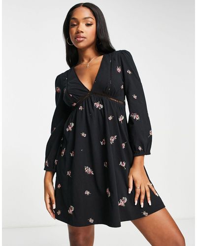 ASOS Long Sleeve Mini Dress With Ladder Trim Detail And Floral Embroidery - Black