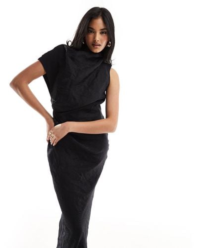 ASOS Jacquard High Neck Maxi Dress With Pleat Detail - Black