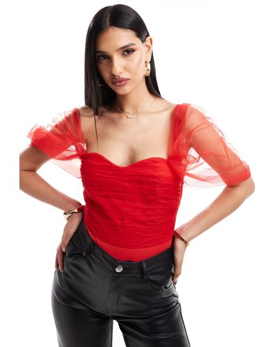 LACE & BEADS Tulle Bardot Bodysuit - Red