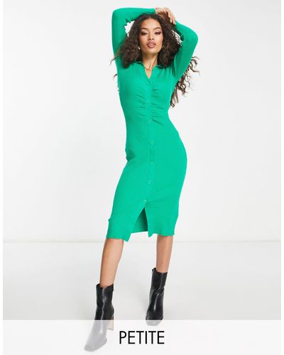 New Look Collared Ruched Button Through Ribbed Midi Dress - Green