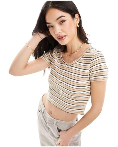 Urban Revivo Button Detail Striped Crop T-shirt - White