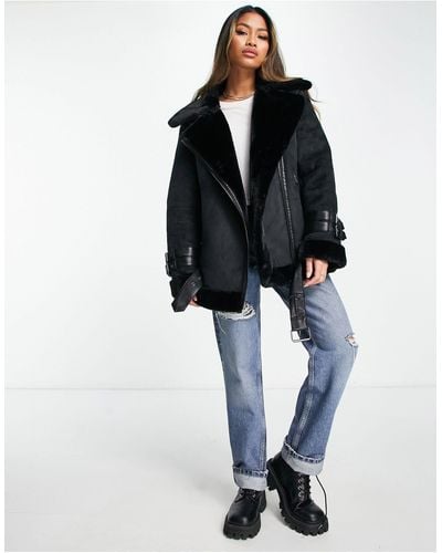 French Connection Faux Shearling Aviator Jacket - Black