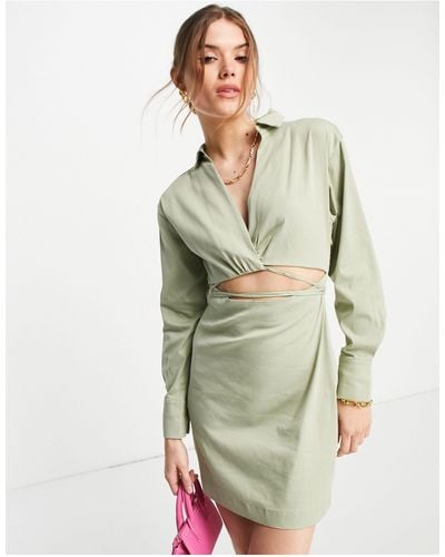 Envii Long Sleeve Shirt Dress With Wrap Waist - Green