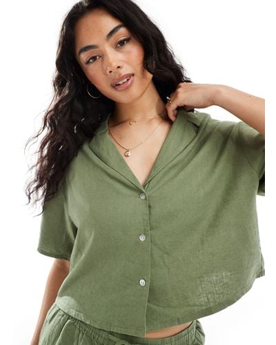 Pull&Bear Short Sleeve Linen Shirt Co-ord - Green