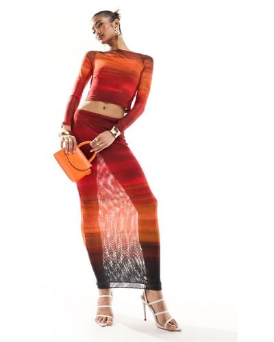 FARAI LONDON Cleo Mesh Long Sleeve Top And Midi Skirt Set - Red