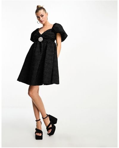 Forever Unique Jacquard Mini Dress With Embellished Brooch - Black