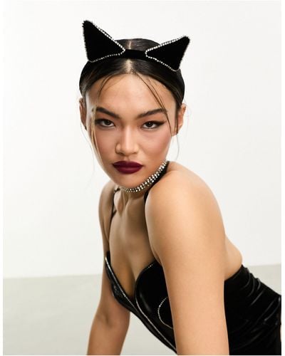 Ann Summers Halloween Velour Cat Ears With Diamante Detail - Black