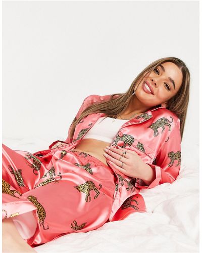NIGHT Satin Long Leopard Pyjama Set - Pink