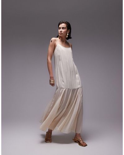 TOPSHOP Premium Satin Cami Fabric Mix Midi Dress - Natural