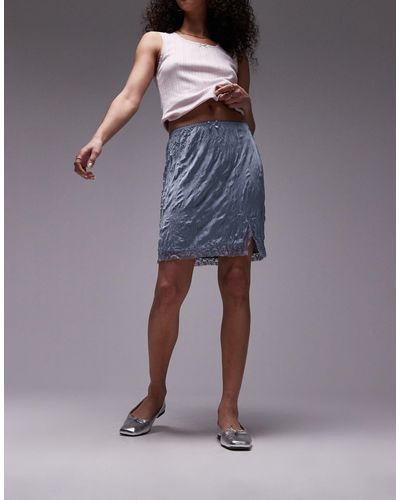 TOPSHOP Mini-jupe fendue effet froissé avec bordures en dentelle - gris - Bleu