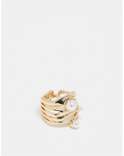 ASOS Asos Design Curve Ring With Molten Design And Faux Pearl - White