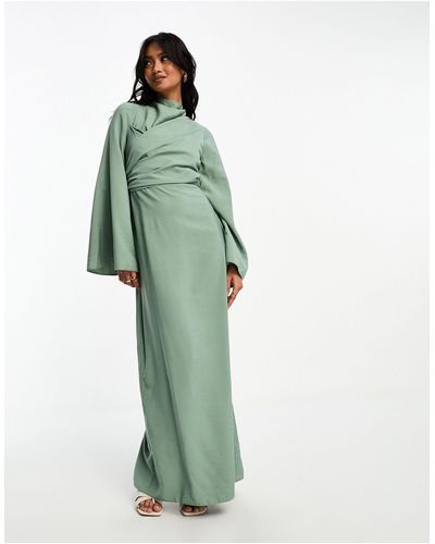 ASOS DESIGN - Vestito midi accollato con spalline imbottite e incrociato  sul davanti verde bosco