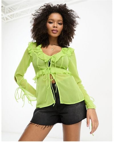 Miss Selfridge Beach Chiffon Tie Front Long Sleeve Blouse - Green