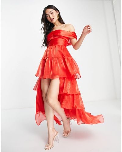 Collective The Label Exclusivité - robe portefeuille asymétrique à épaules dénudées - Rouge