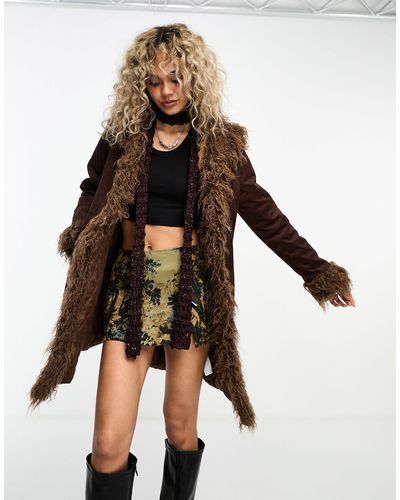 Daisy Street Longline Faux Suede And Shearling Coat - Brown