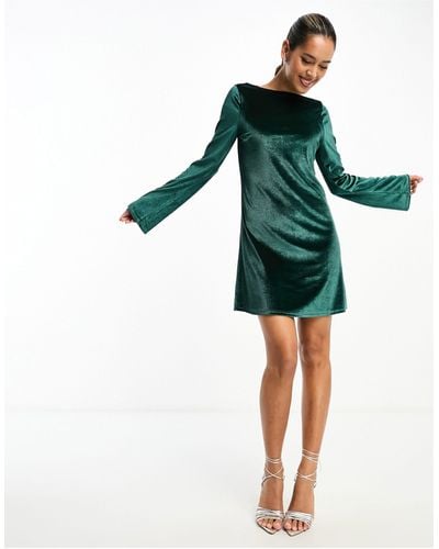Monki Long Sleeve Velvet Mini Dress - Green