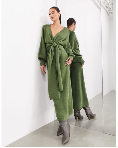ASOS Knitted Wrap Blouson Sleeve Wrap Maxi Dress - Green