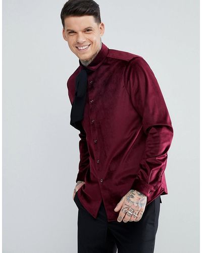 ASOS Regular Fit Velvet Shirt With Pussy Bow - Red
