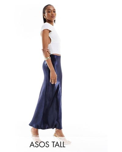 ASOS Asos Design Tall Satin Bias Midi Skirt - Blue