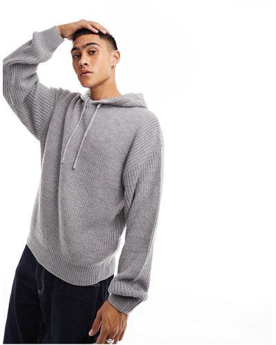 New Look Relaxed Fisherman Knitted Hoodie - Gray