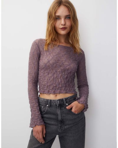 Pull&Bear Long Sleeve With Flare Detail Lace Top - Purple