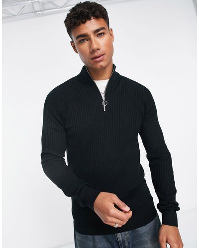 New Look Muscle Fit Ribbed Funnel Neck Sweater - Blue