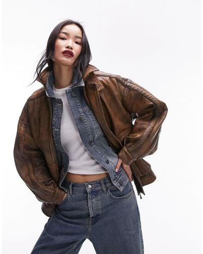 TOPSHOP Premium Real Leather Oversized Bomber Jacket - Brown