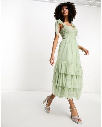 LACE & BEADS Exclusive Tie Shoulder Tiered Midi Dress - Green
