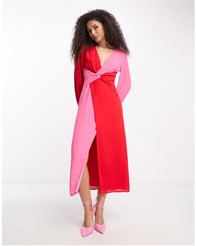 Pretty Lavish Knot Front Contrast Midaxi Dress - Red