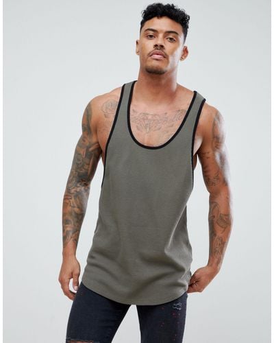 ASOS Longline Vest With Contrast Binding And Extreme Racer Back In Waffle In Khaki - Green